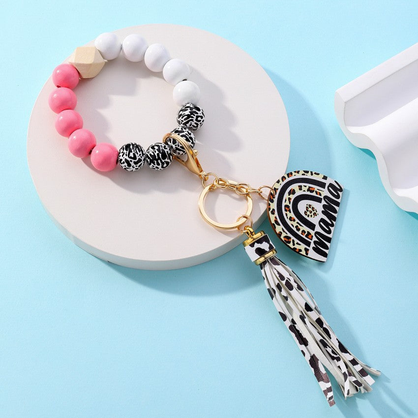 Wholesale Rainbow Mama Tassel Leopard Print Silicone Beaded Wrist Keychain